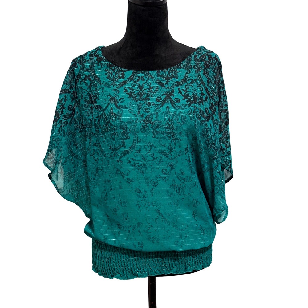 Studio‎ Y Womens Teal Green Damask Metallic Smocked Waist Dolman Blouse Top Sz S